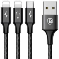 Baseus 3 in 1 Cable Multi Charger Dual Lightning & Micro USB Nylon Braided Fast Charging Cable Cord 1.2m